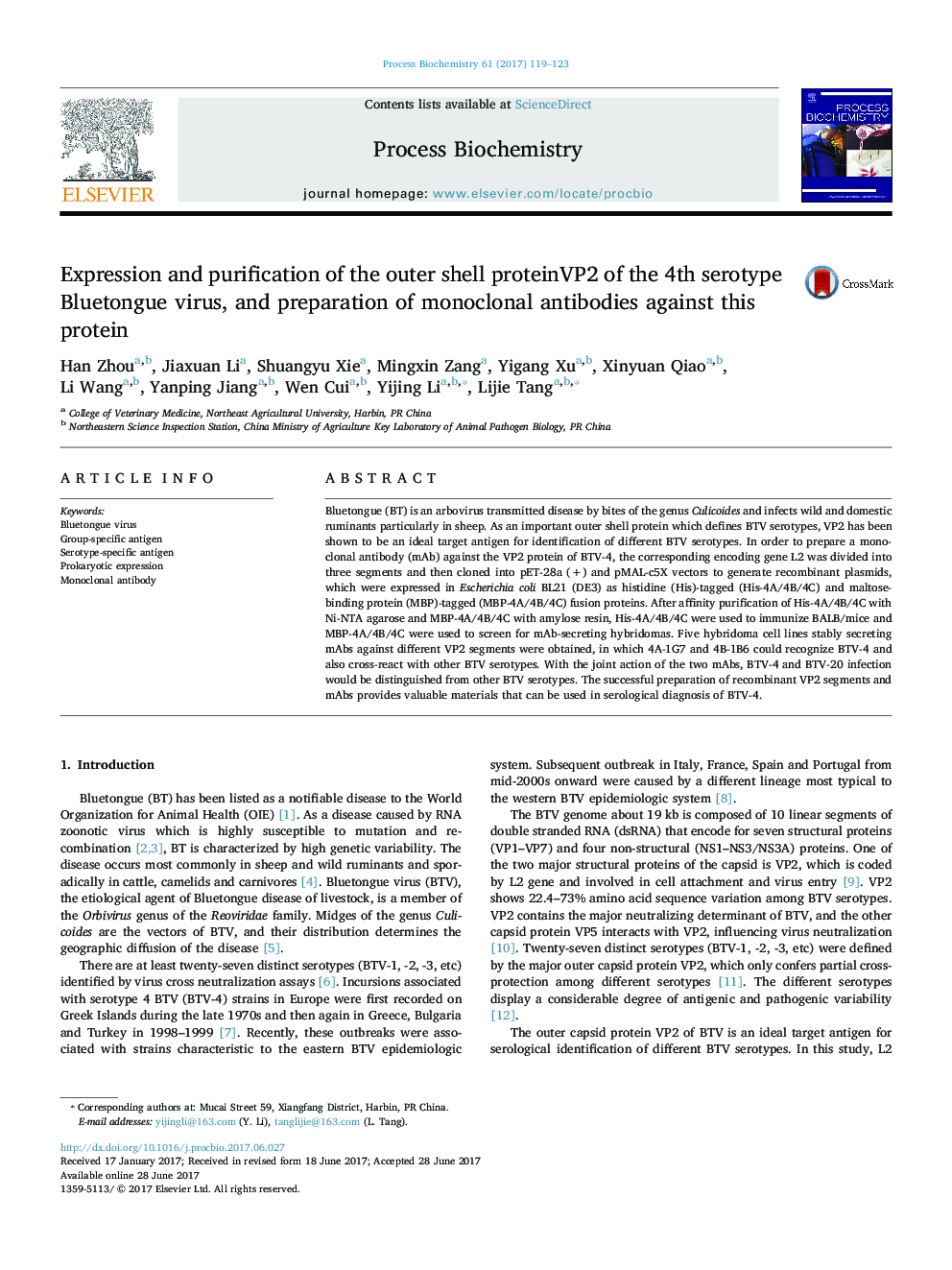 Expression and purification of the outer shell proteinVP2 of the 4th serotype Bluetongue virus, and preparation of monoclonal antibodies against this protein