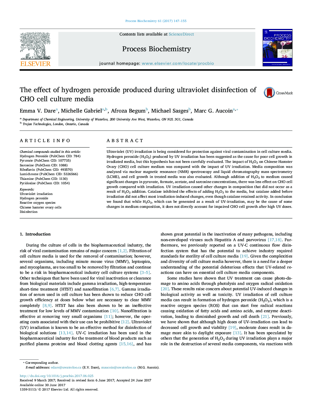 The effect of hydrogen peroxide produced during ultraviolet disinfection of CHO cell culture media