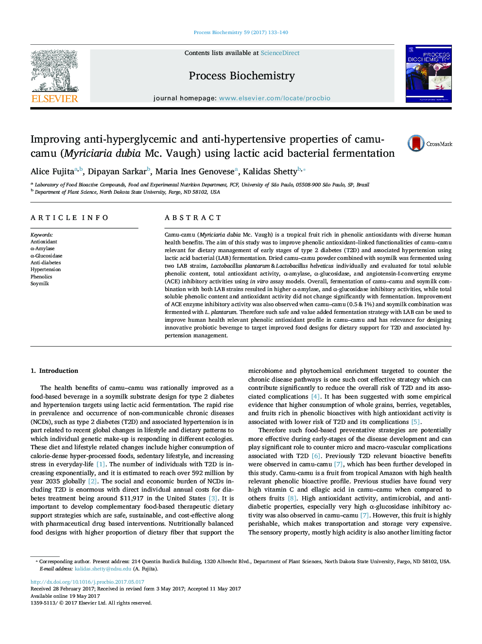 Improving anti-hyperglycemic and anti-hypertensive properties of camu-camu (Myriciaria dubia Mc. Vaugh) using lactic acid bacterial fermentation