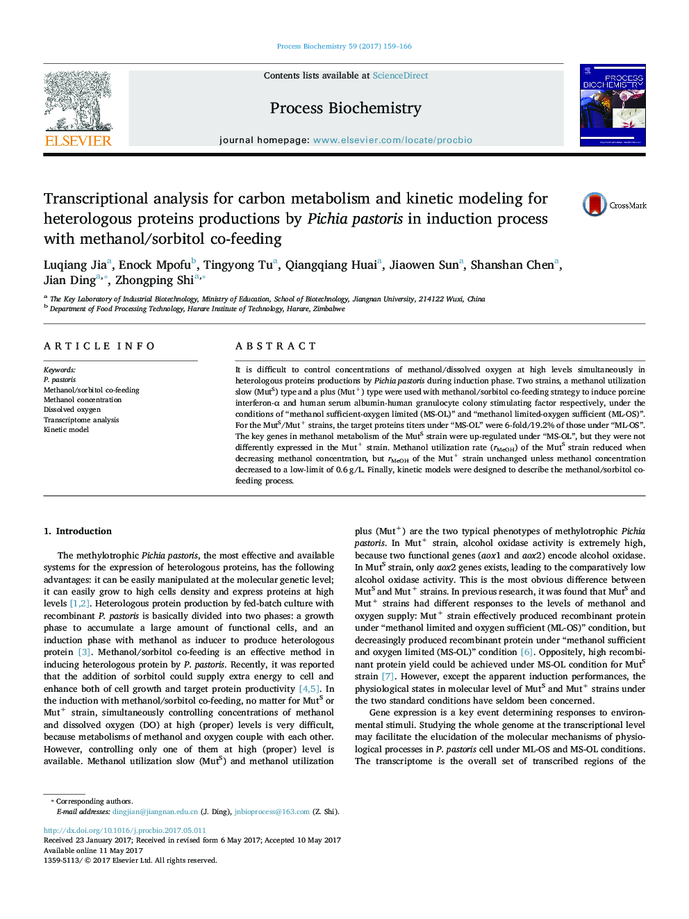 Transcriptional analysis for carbon metabolism and kinetic modeling for heterologous proteins productions by Pichia pastoris in induction process with methanol/sorbitol co-feeding