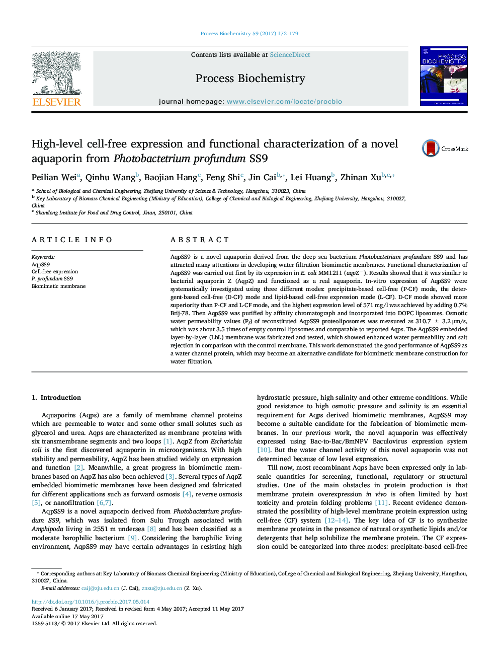 High-level cell-free expression and functional characterization of a novel aquaporin from Photobactetrium profundum SS9