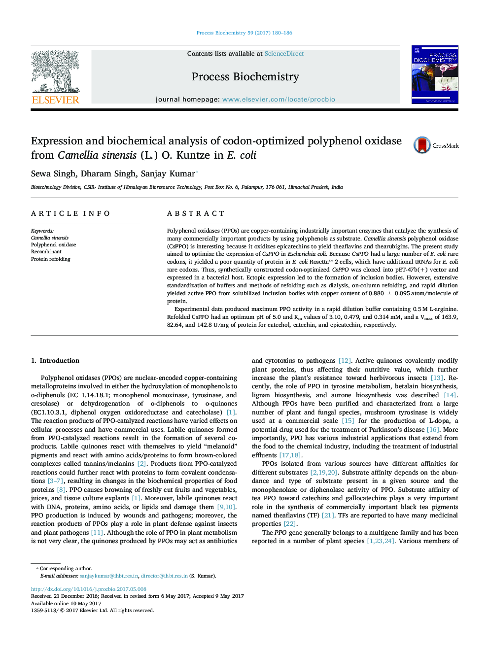 Expression and biochemical analysis of codon-optimized polyphenol oxidase from Camellia sinensis (L.) O. Kuntze in E. coli