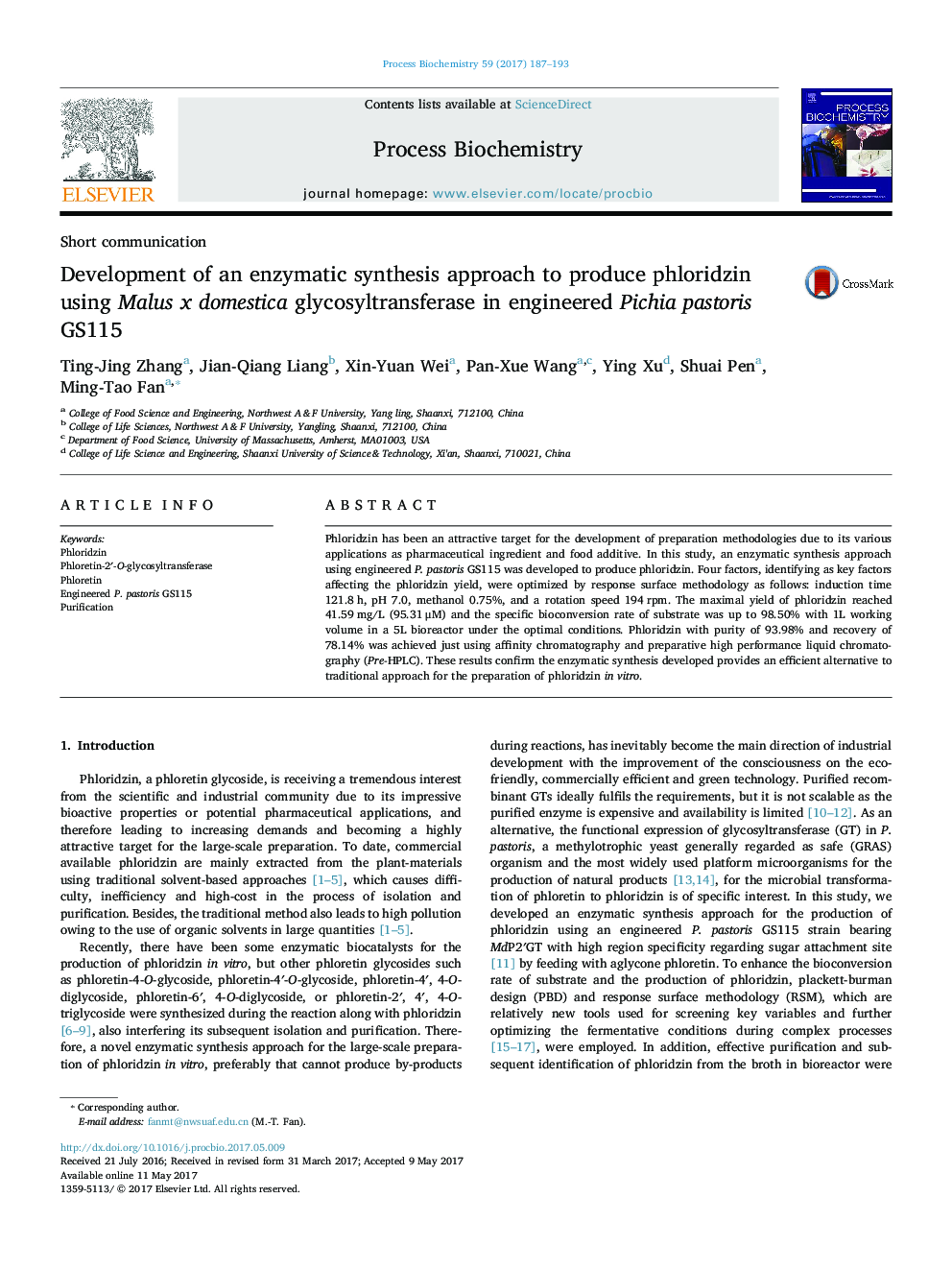 Short communicationDevelopment of an enzymatic synthesis approach to produce phloridzin using Malus x domestica glycosyltransferase in engineered Pichia pastoris GS115