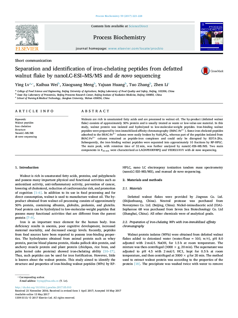 Short communicationSeparation and identification of iron-chelating peptides from defatted walnut flake by nanoLC-ESI-MS/MS and de novo sequencing