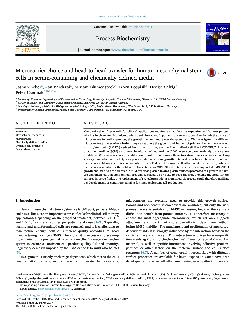 Microcarrier choice and bead-to-bead transfer for human mesenchymal stem cells in serum-containing and chemically defined media