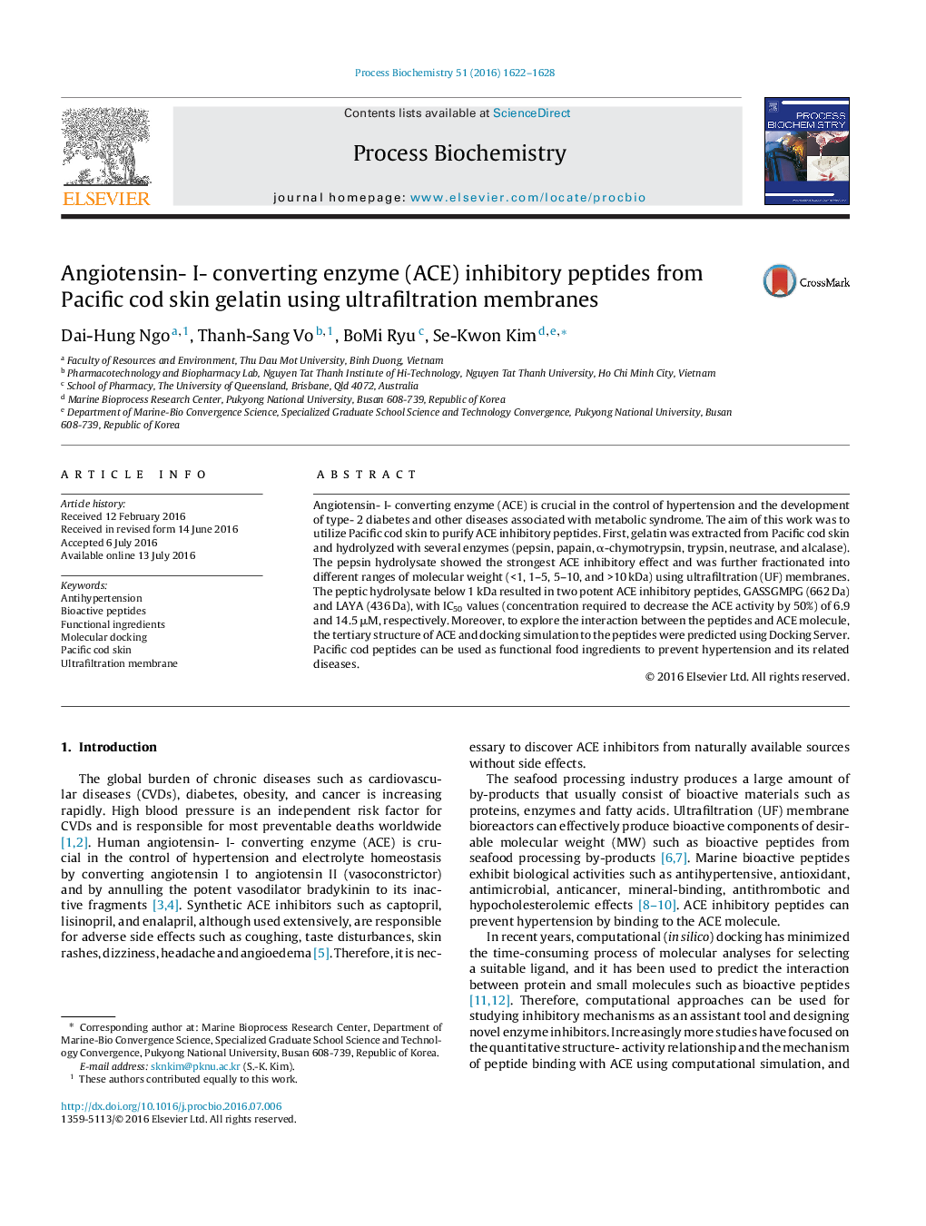 Angiotensin- I- converting enzyme (ACE) inhibitory peptides from Pacific cod skin gelatin using ultrafiltration membranes