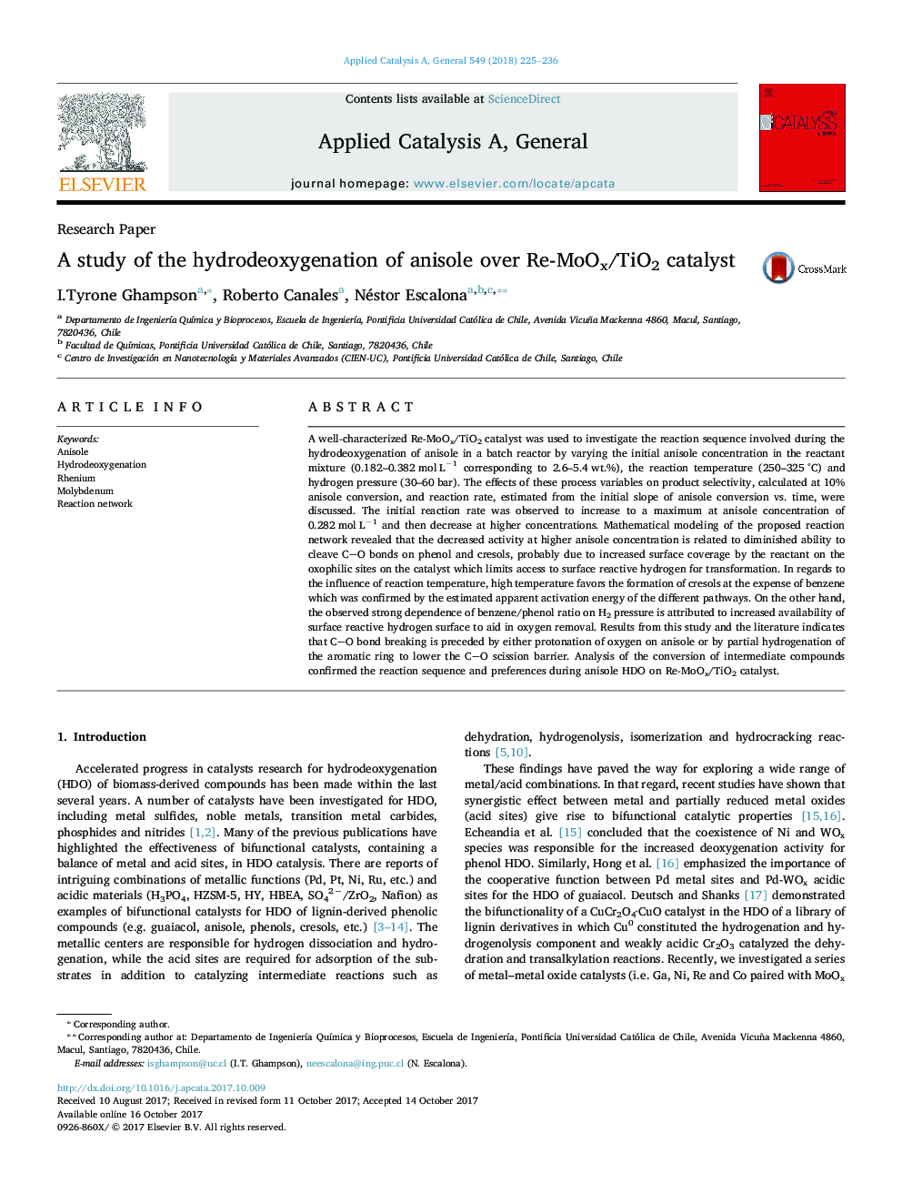 Research PaperA study of the hydrodeoxygenation of anisole over Re-MoOx/TiO2 catalyst