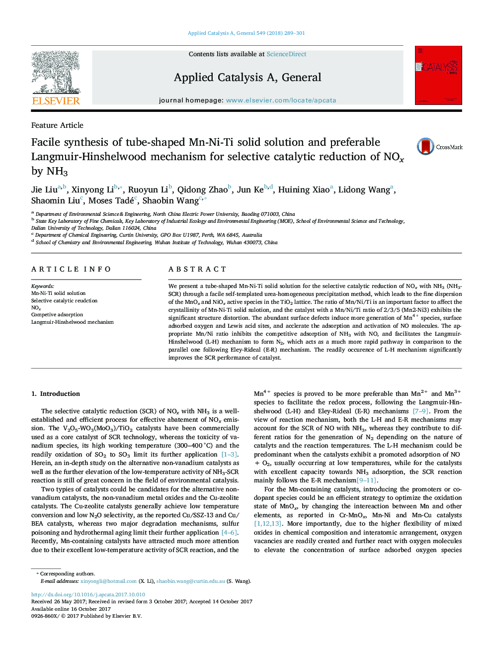 Feature ArticleFacile synthesis of tube-shaped Mn-Ni-Ti solid solution and preferable Langmuir-Hinshelwood mechanism for selective catalytic reduction of NOx by NH3