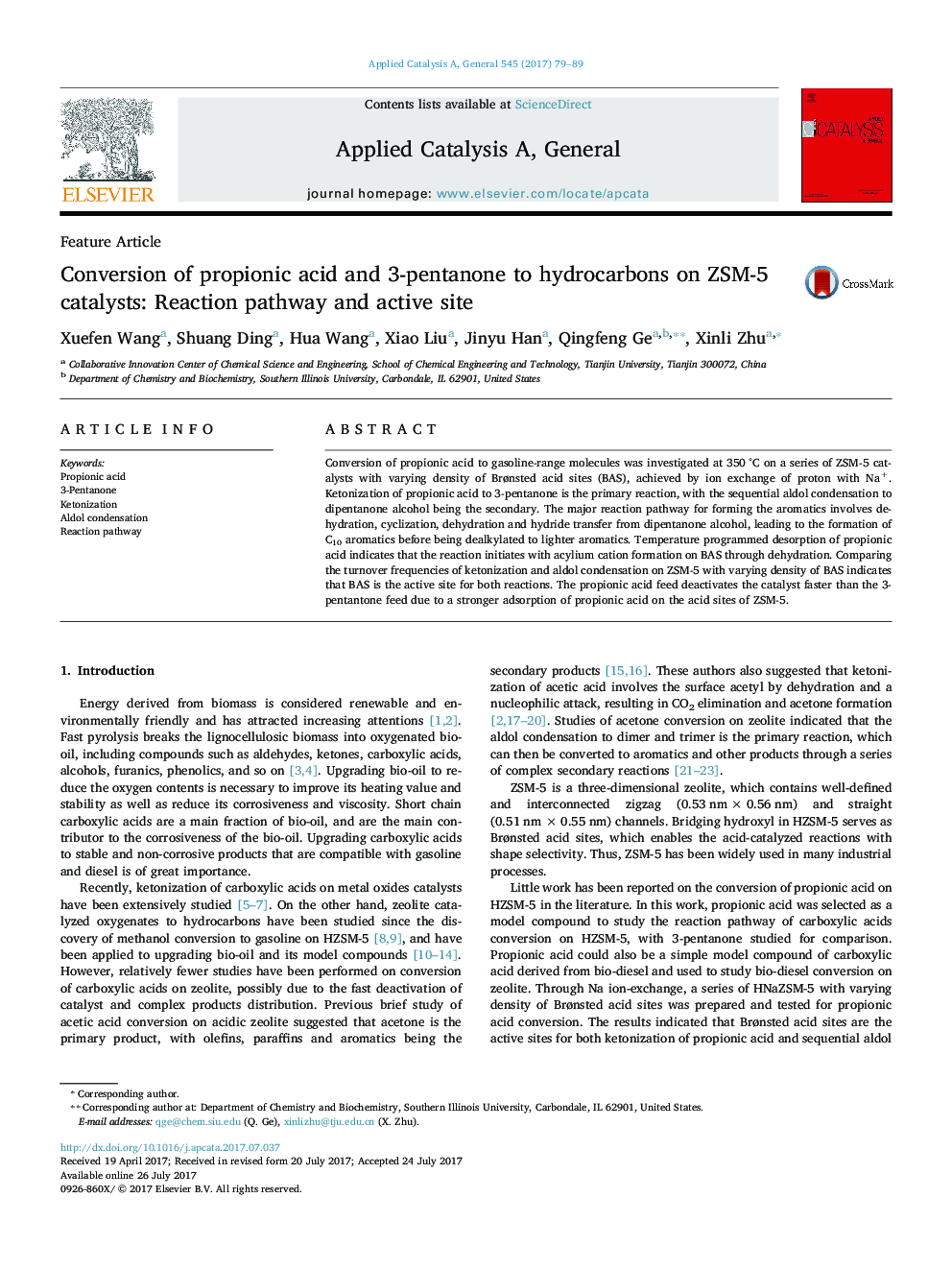 Feature ArticleConversion of propionic acid and 3-pentanone to hydrocarbons on ZSM-5 catalysts: Reaction pathway and active site