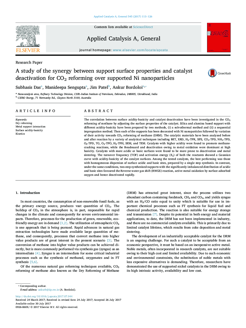 Research PaperA study of the synergy between support surface properties and catalyst deactivation for CO2 reforming over supported Ni nanoparticles