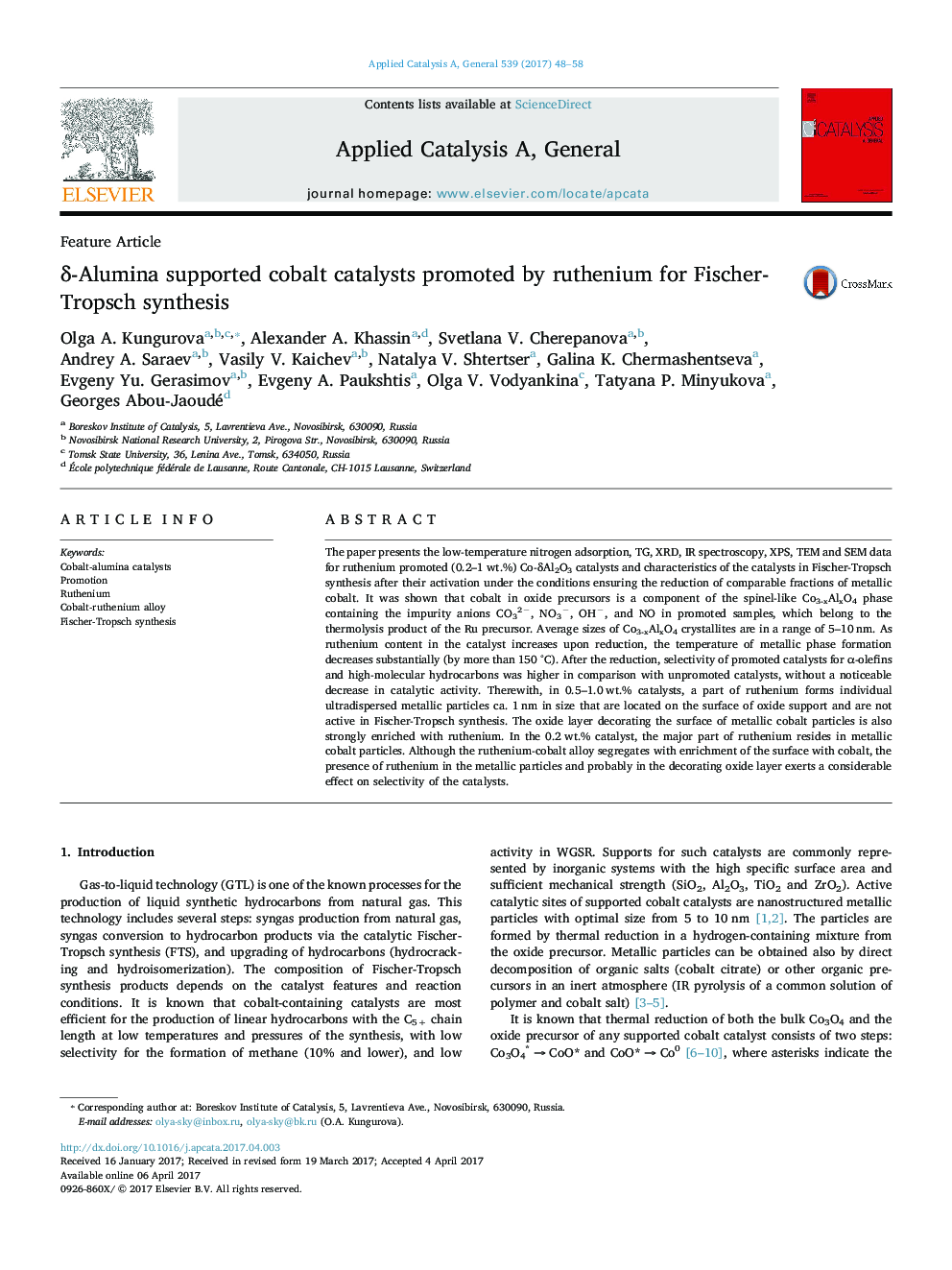 Feature ArticleÎ´-Alumina supported cobalt catalysts promoted by ruthenium for Fischer-Tropsch synthesis