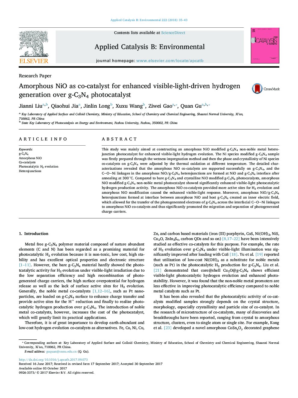 Research PaperAmorphous NiO as co-catalyst for enhanced visible-light-driven hydrogen generation over g-C3N4 photocatalyst