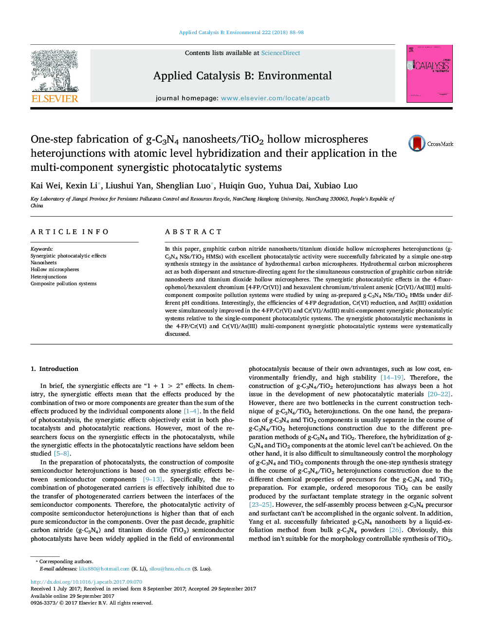 One-step fabrication of g-C3N4 nanosheets/TiO2 hollow microspheres heterojunctions with atomic level hybridization and their application in the multi-component synergistic photocatalytic systems