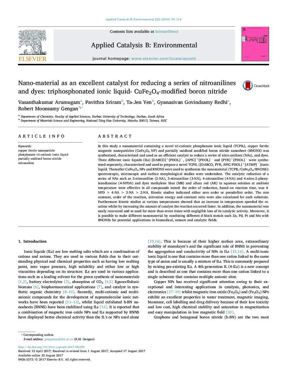 Nano-material as an excellent catalyst for reducing a series of nitroanilines and dyes: triphosphonated ionic liquid- CuFe2O4-modified boron nitride