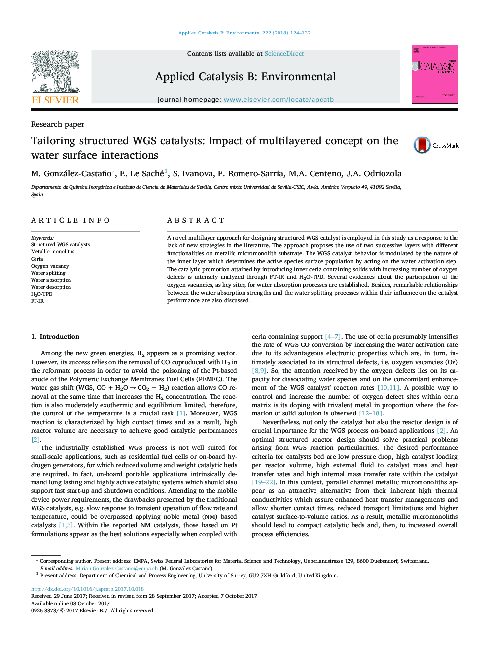 Research paperTailoring structured WGS catalysts: Impact of multilayered concept on the water surface interactions