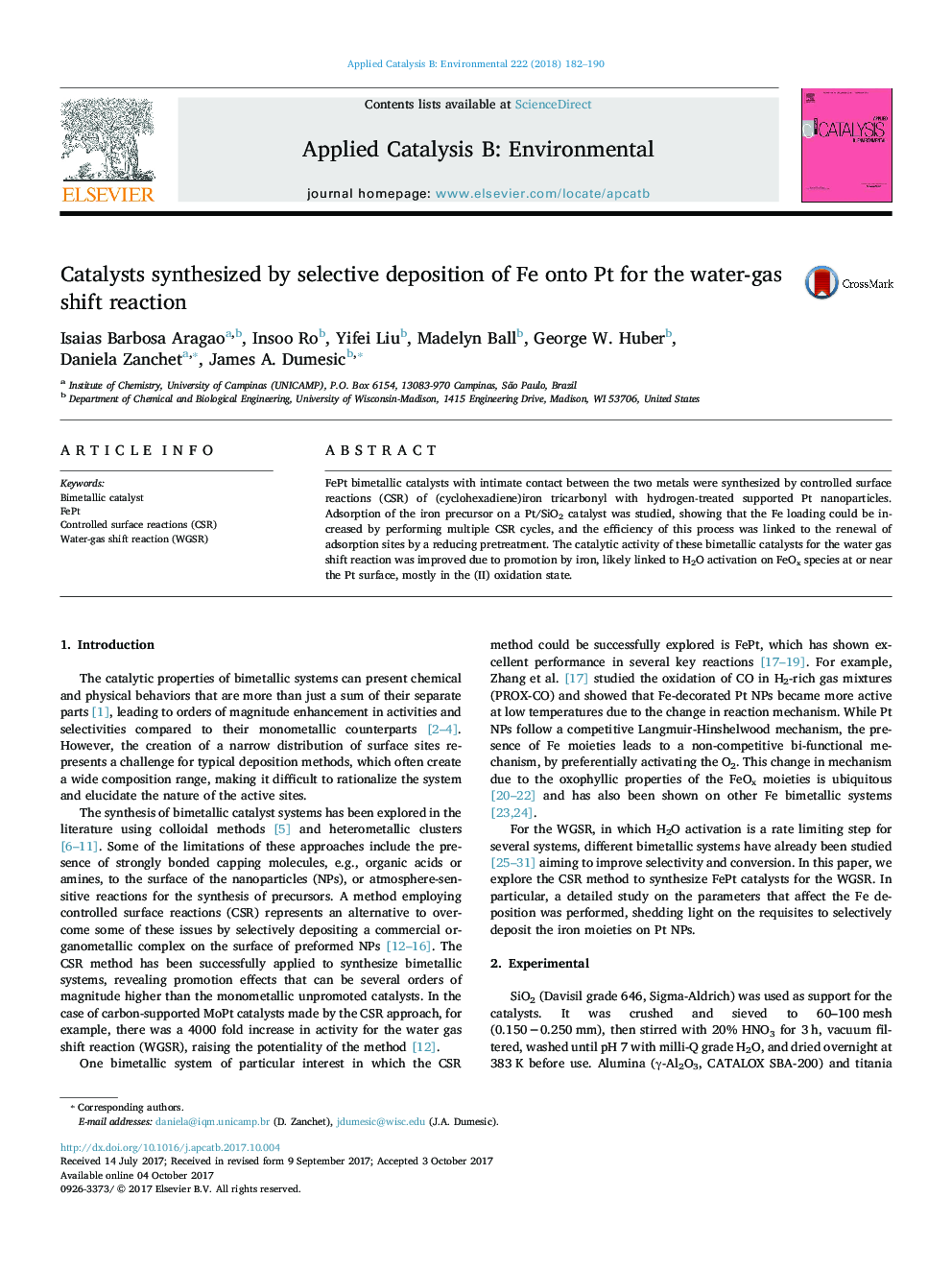 Catalysts synthesized by selective deposition of Fe onto Pt for the water-gas shift reaction