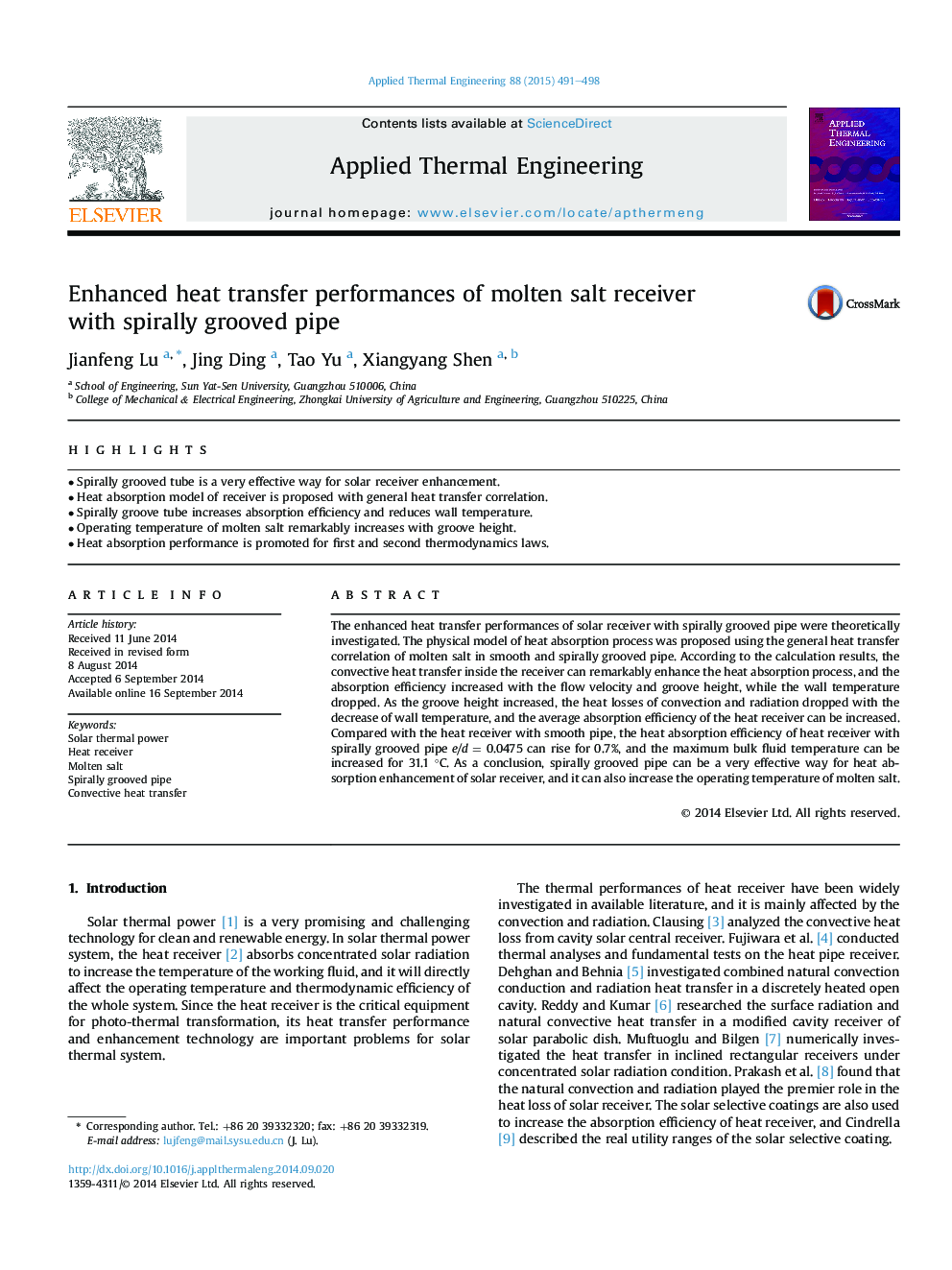 Enhanced heat transfer performances of molten salt receiver with spirally grooved pipe