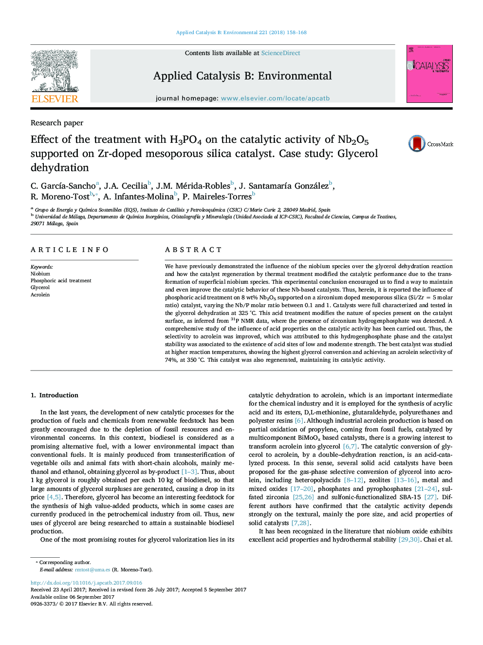 Research paperEffect of the treatment with H3PO4 on the catalytic activity of Nb2O5 supported on Zr-doped mesoporous silica catalyst. Case study: Glycerol dehydration