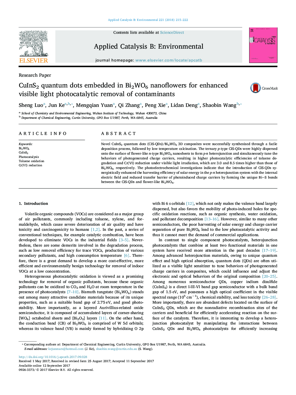 Research PaperCuInS2 quantum dots embedded in Bi2WO6 nanoflowers for enhanced visible light photocatalytic removal of contaminants