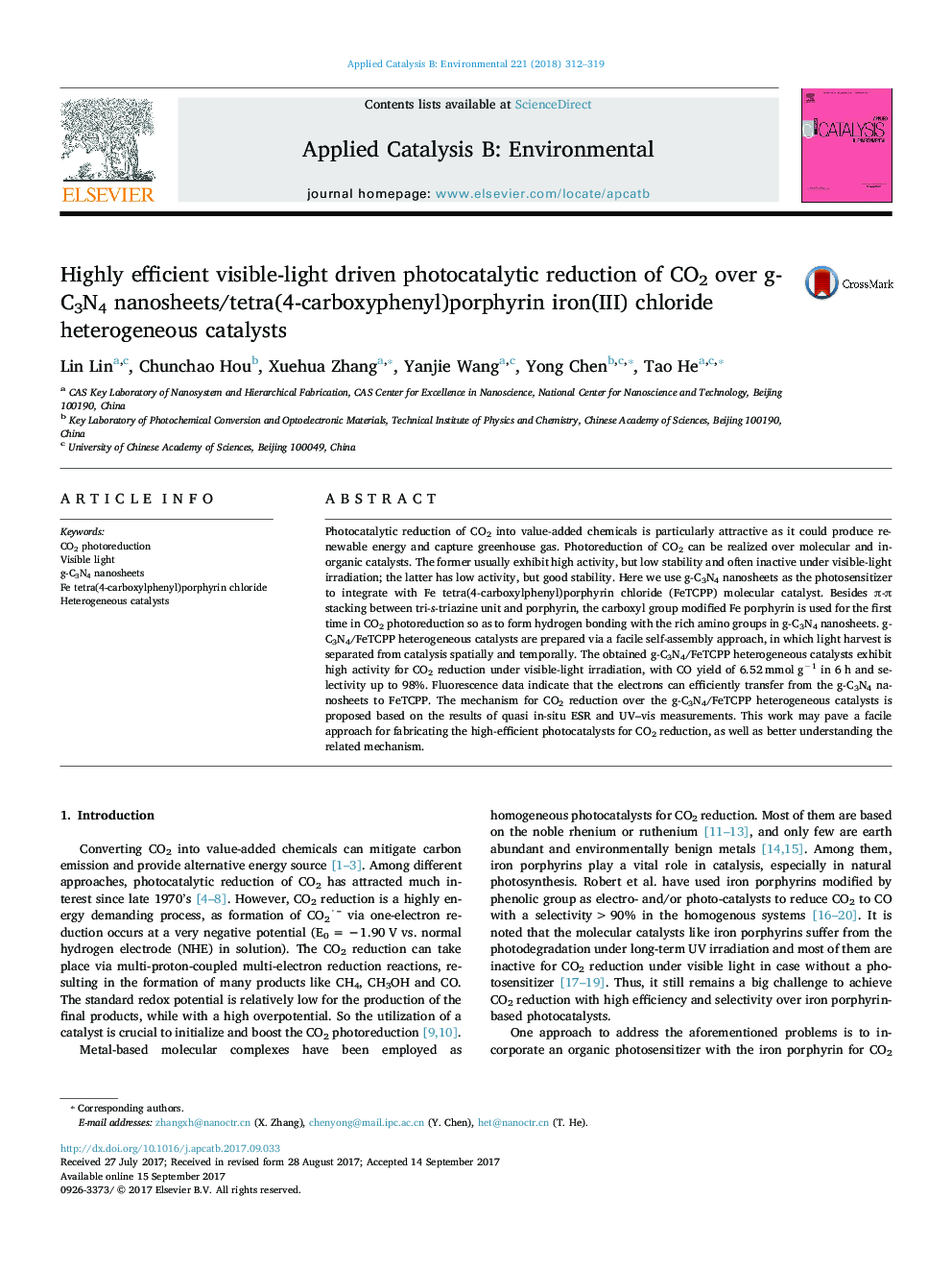 Highly efficient visible-light driven photocatalytic reduction of CO2 over g-C3N4 nanosheets/tetra(4-carboxyphenyl)porphyrin iron(III) chloride heterogeneous catalysts