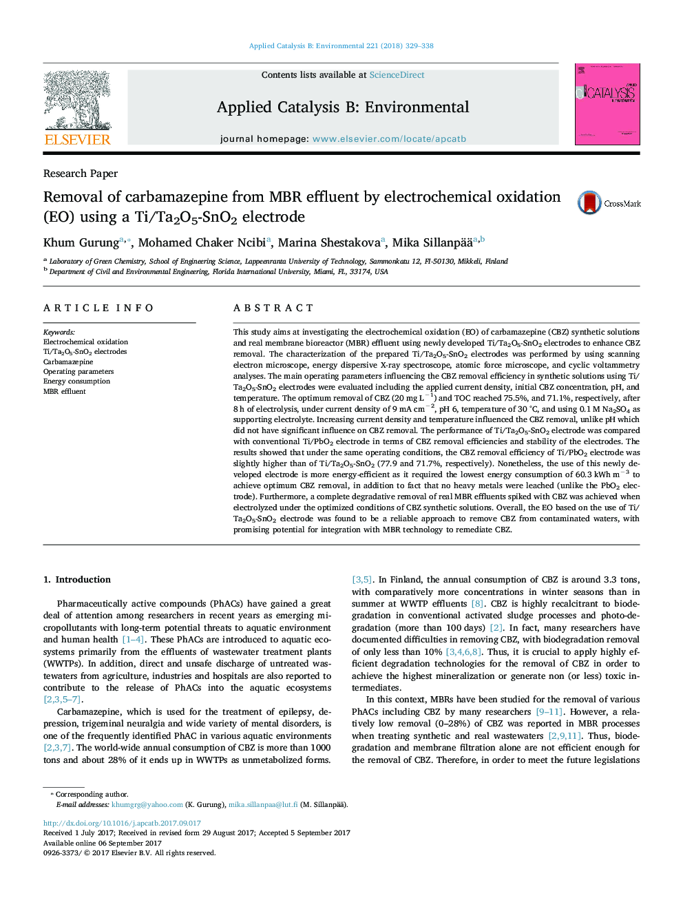 Research PaperRemoval of carbamazepine from MBR effluent by electrochemical oxidation (EO) using a Ti/Ta2O5-SnO2 electrode