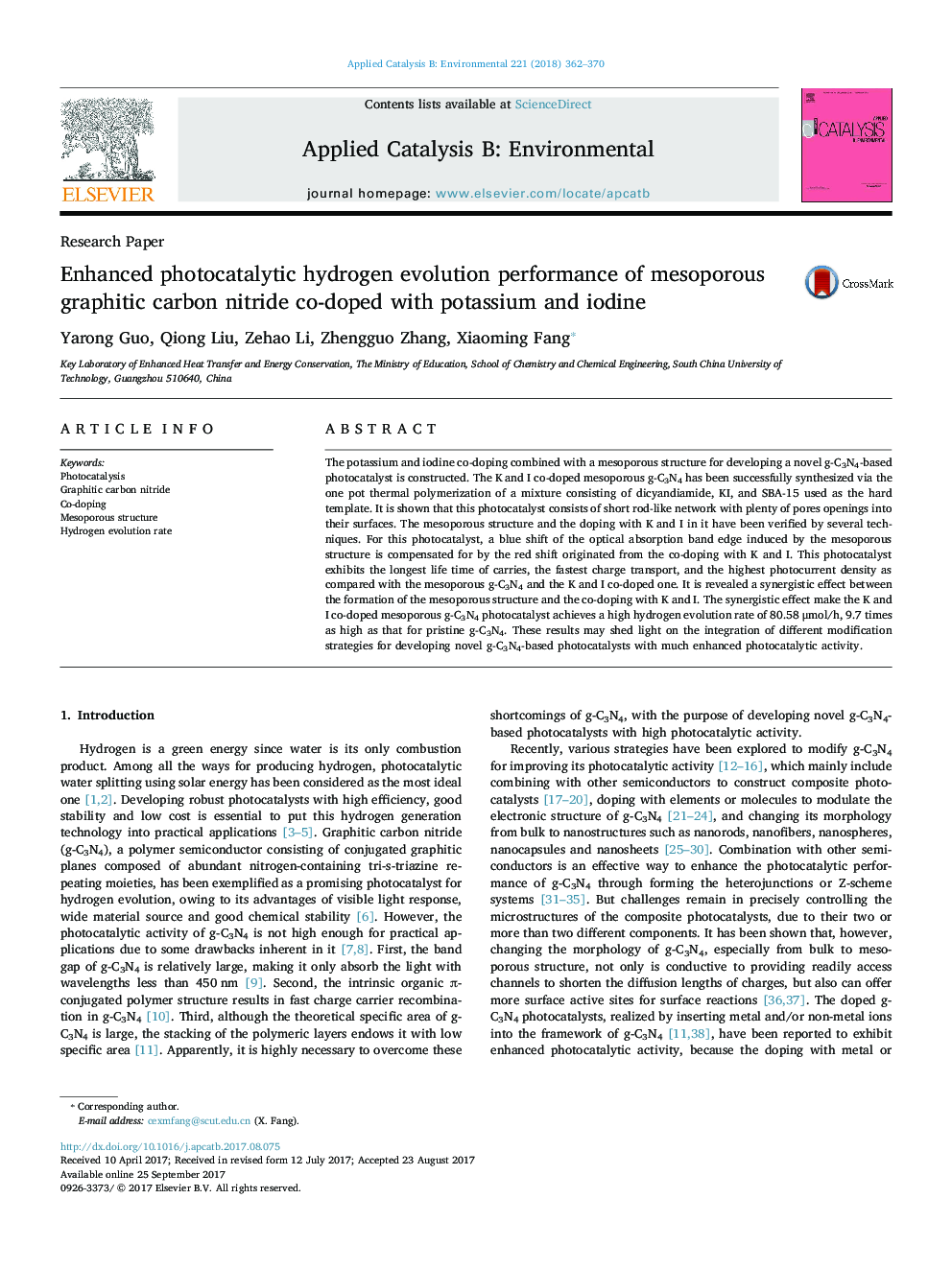 Research PaperEnhanced photocatalytic hydrogen evolution performance of mesoporous graphitic carbon nitride co-doped with potassium and iodine