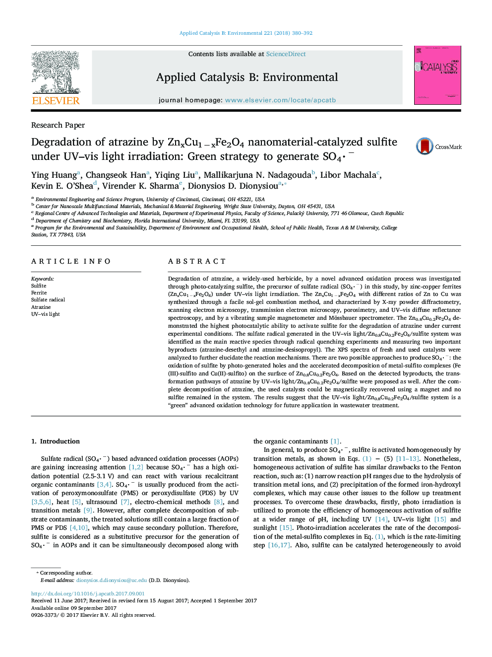 Research PaperDegradation of atrazine by ZnxCu1âxFe2O4 nanomaterial-catalyzed sulfite under UV-vis light irradiation: Green strategy to generate SO4â