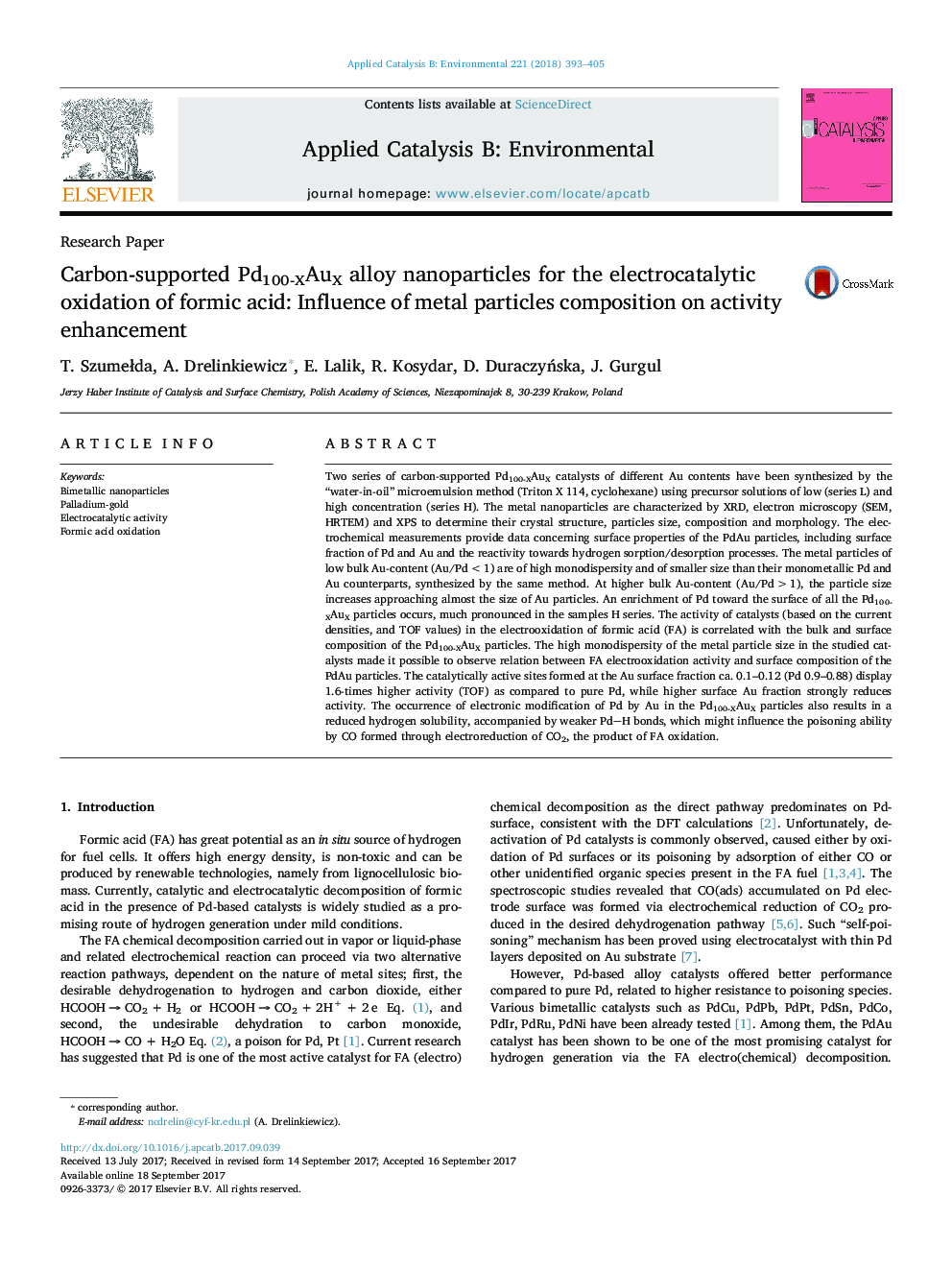 Research PaperCarbon-supported Pd100-XAuX alloy nanoparticles for the electrocatalytic oxidation of formic acid: Influence of metal particles composition on activity enhancement