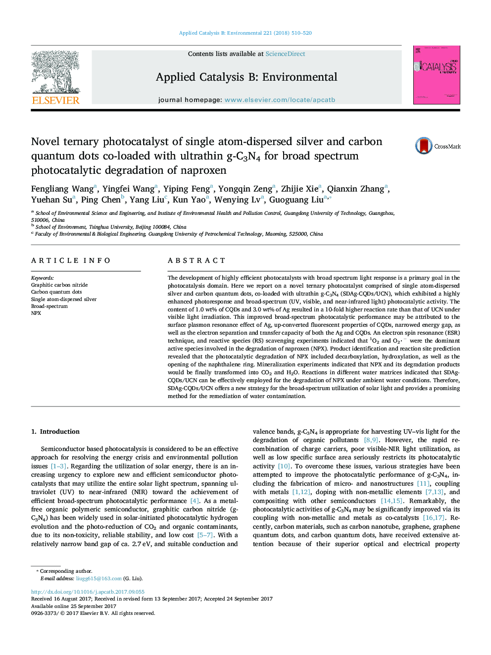 Novel ternary photocatalyst of single atom-dispersed silver and carbon quantum dots co-loaded with ultrathin g-C3N4 for broad spectrum photocatalytic degradation of naproxen