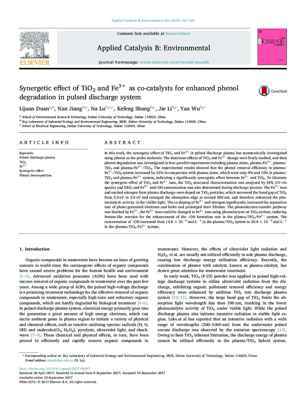 Synergetic effect of TiO2 and Fe3+ as co-catalysts for enhanced phenol degradation in pulsed discharge system