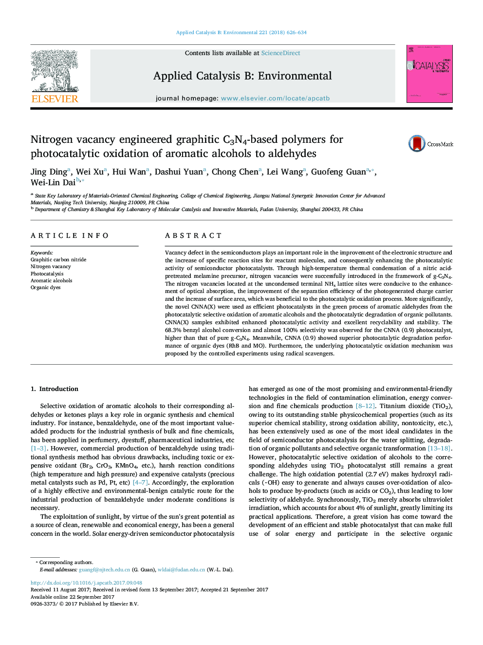 Nitrogen vacancy engineered graphitic C3N4-based polymers for photocatalytic oxidation of aromatic alcohols to aldehydes