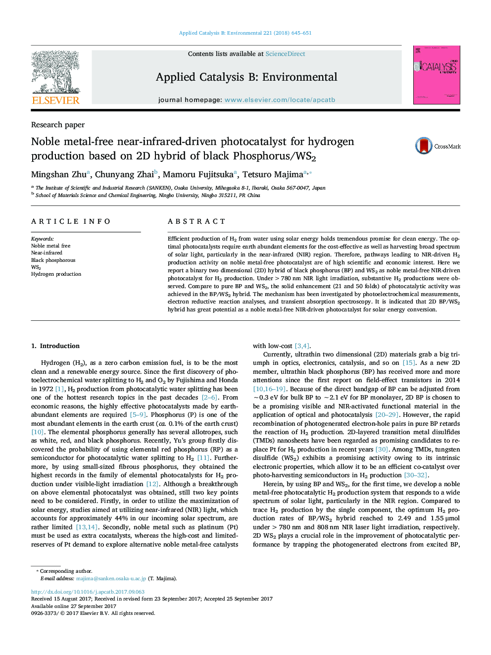 Research paperNoble metal-free near-infrared-driven photocatalyst for hydrogen production based on 2D hybrid of black Phosphorus/WS2