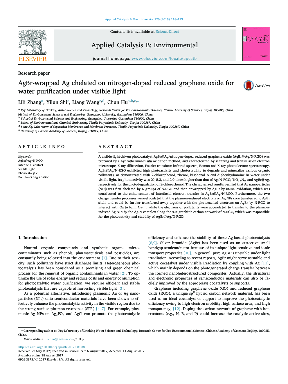 Research paperAgBr-wrapped Ag chelated on nitrogen-doped reduced graphene oxide for water purification under visible light