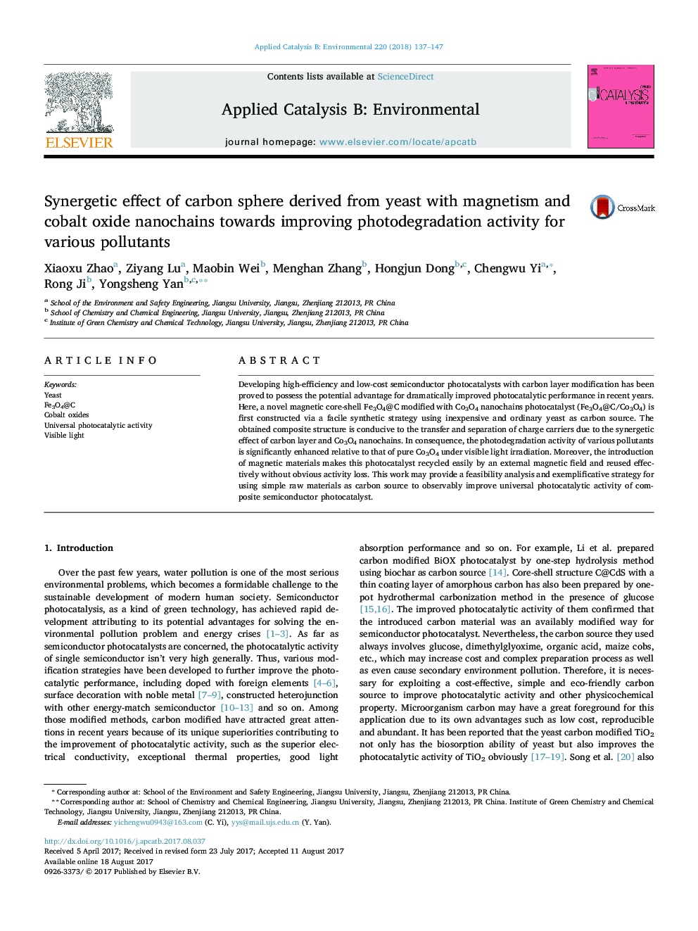 Synergetic effect of carbon sphere derived from yeast with magnetism and cobalt oxide nanochains towards improving photodegradation activity for various pollutants