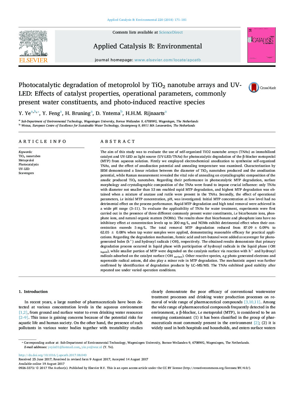 Photocatalytic degradation of metoprolol by TiO2 nanotube arrays and UV-LED: Effects of catalyst properties, operational parameters, commonly present water constituents, and photo-induced reactive species