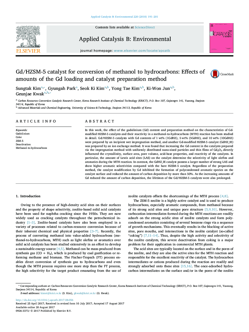 Gd/HZSM-5 catalyst for conversion of methanol to hydrocarbons: Effects of amounts of the Gd loading and catalyst preparation method