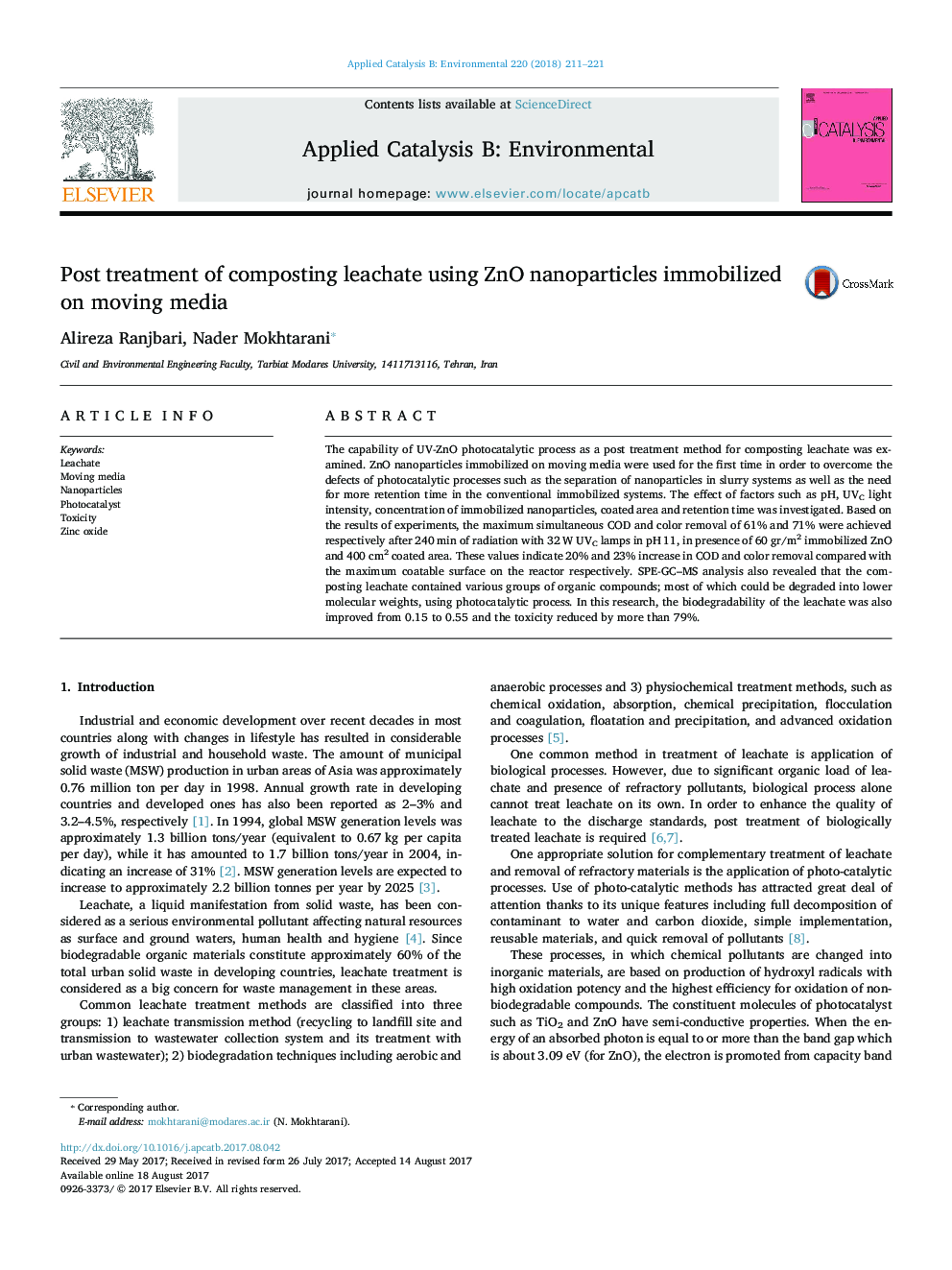 Post treatment of composting leachate using ZnO nanoparticles immobilized on moving media