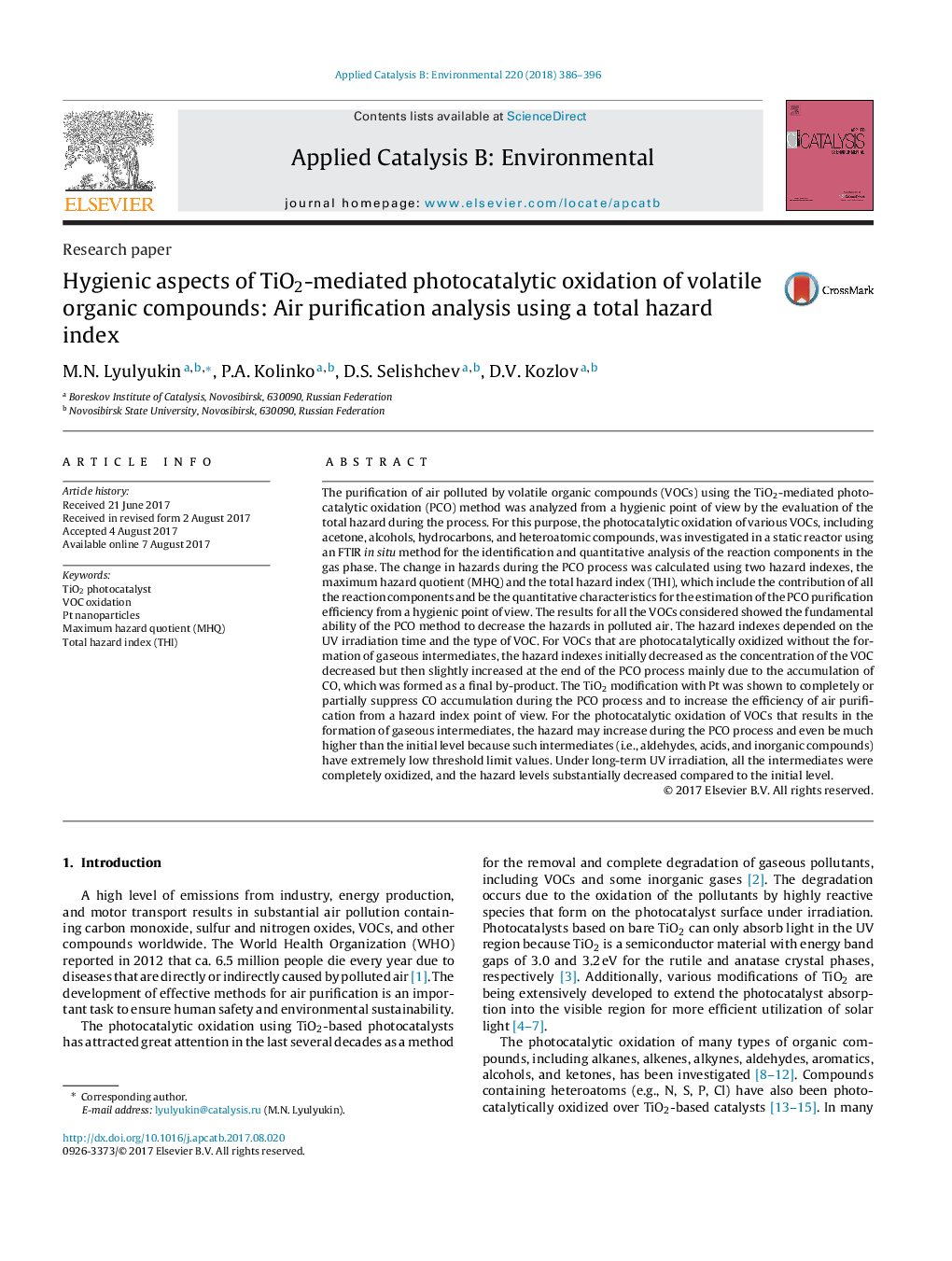 Research paperHygienic aspects of TiO2-mediated photocatalytic oxidation of volatile organic compounds: Air purification analysis using a total hazard index