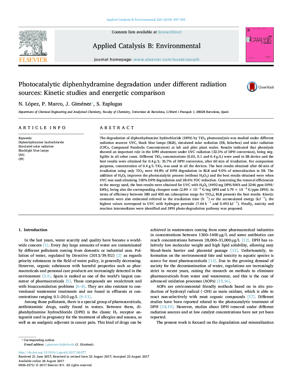 Photocatalytic diphenhydramine degradation under different radiation sources: Kinetic studies and energetic comparison