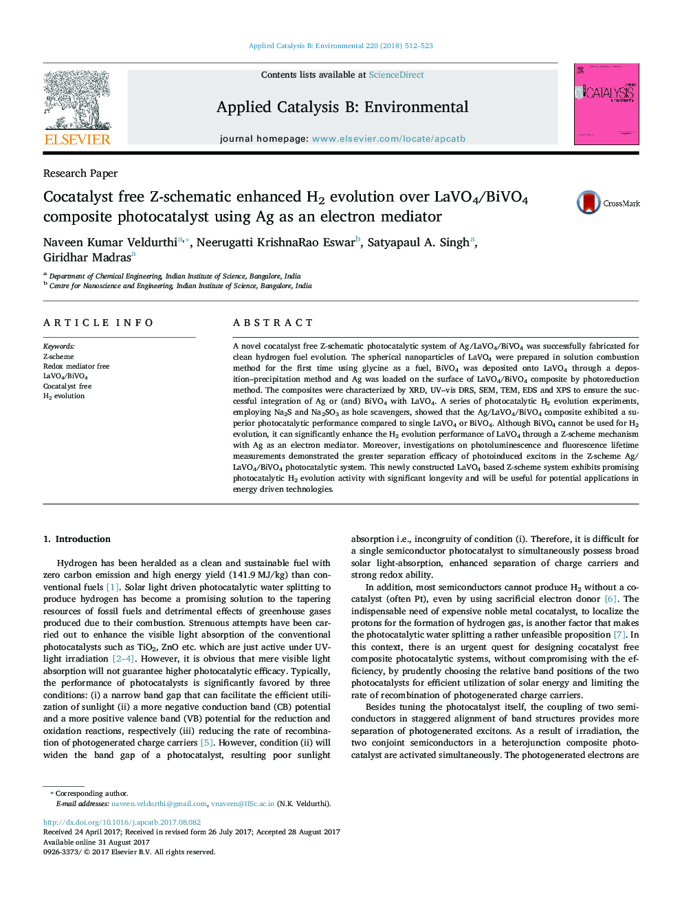 Research PaperCocatalyst free Z-schematic enhanced H2 evolution over LaVO4/BiVO4 composite photocatalyst using Ag as an electron mediator