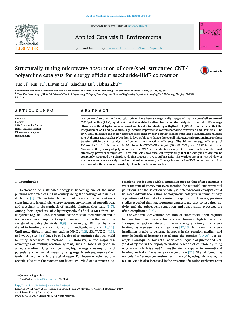 Structurally tuning microwave absorption of core/shell structured CNT/polyaniline catalysts for energy efficient saccharide-HMF conversion