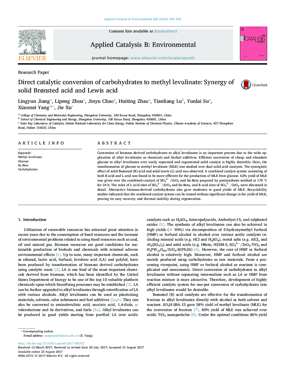 Research PaperDirect catalytic conversion of carbohydrates to methyl levulinate: Synergy of solid BrÃ¸nsted acid and Lewis acid