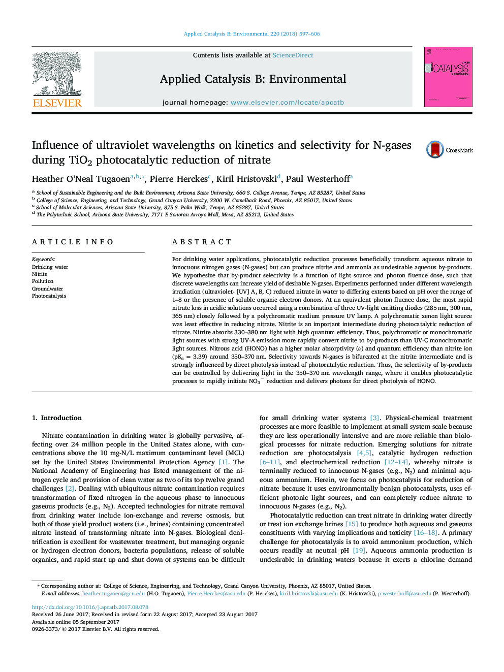 Influence of ultraviolet wavelengths on kinetics and selectivity for N-gases during TiO2 photocatalytic reduction of nitrate