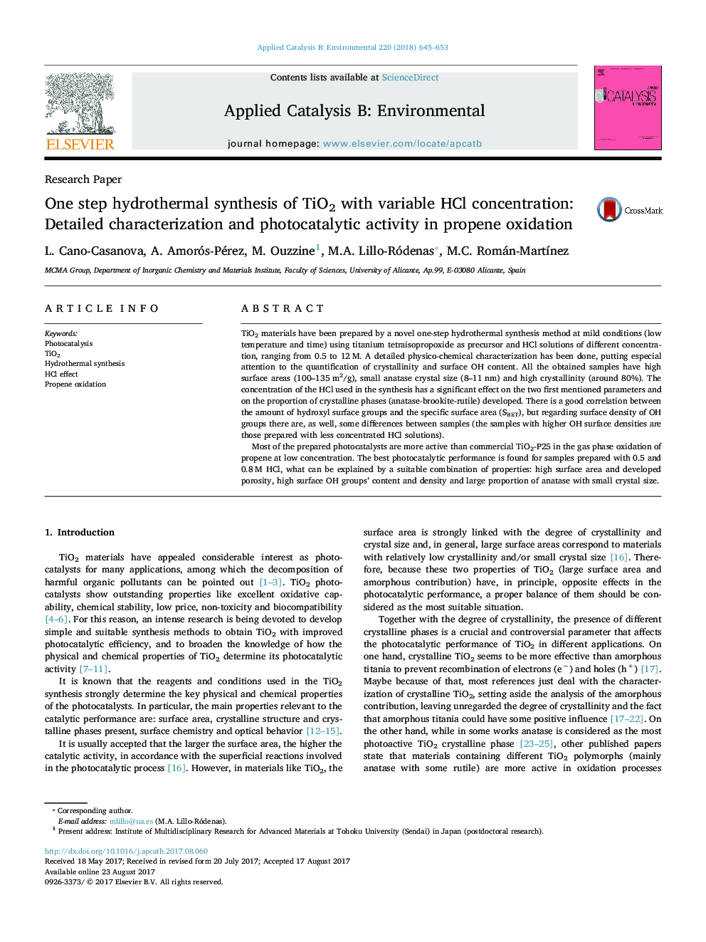 Research PaperOne step hydrothermal synthesis of TiO2 with variable HCl concentration: Detailed characterization and photocatalytic activity in propene oxidation