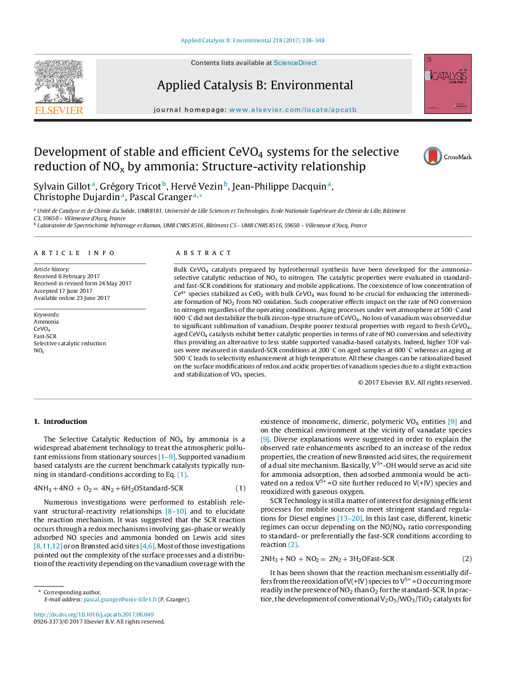 Development of stable and efficient CeVO4 systems for the selective reduction of NOx by ammonia: Structure-activity relationship