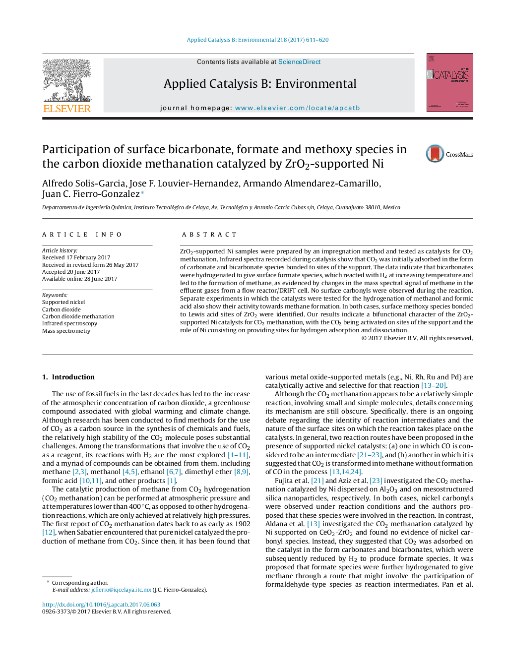 Participation of surface bicarbonate, formate and methoxy species in the carbon dioxide methanation catalyzed by ZrO2-supported Ni