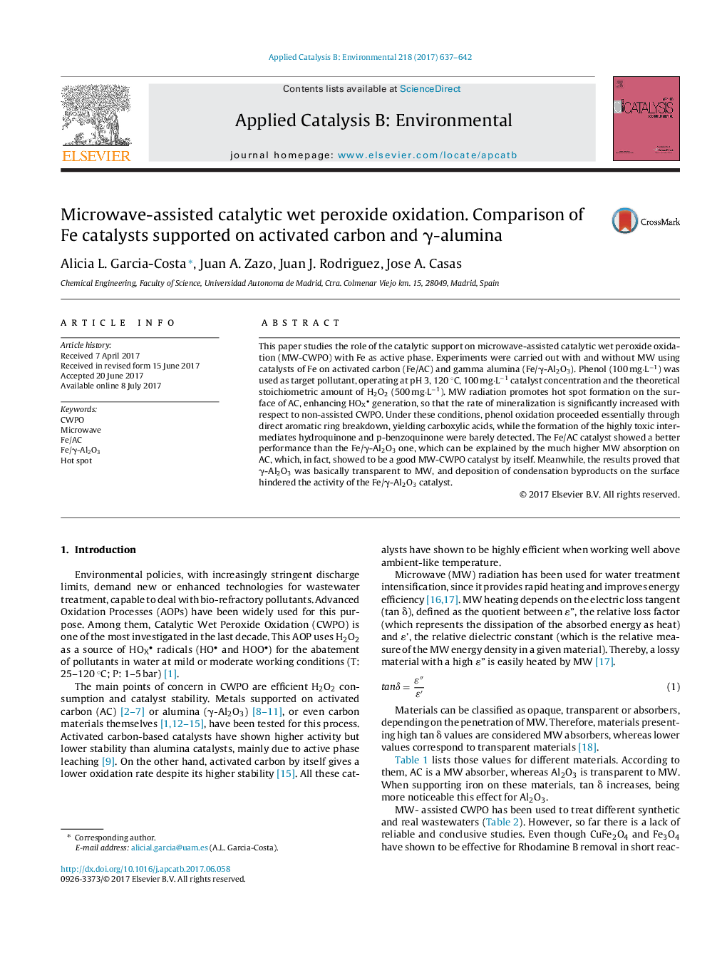 Microwave-assisted catalytic wet peroxide oxidation. Comparison of Fe catalysts supported on activated carbon and ?-alumina