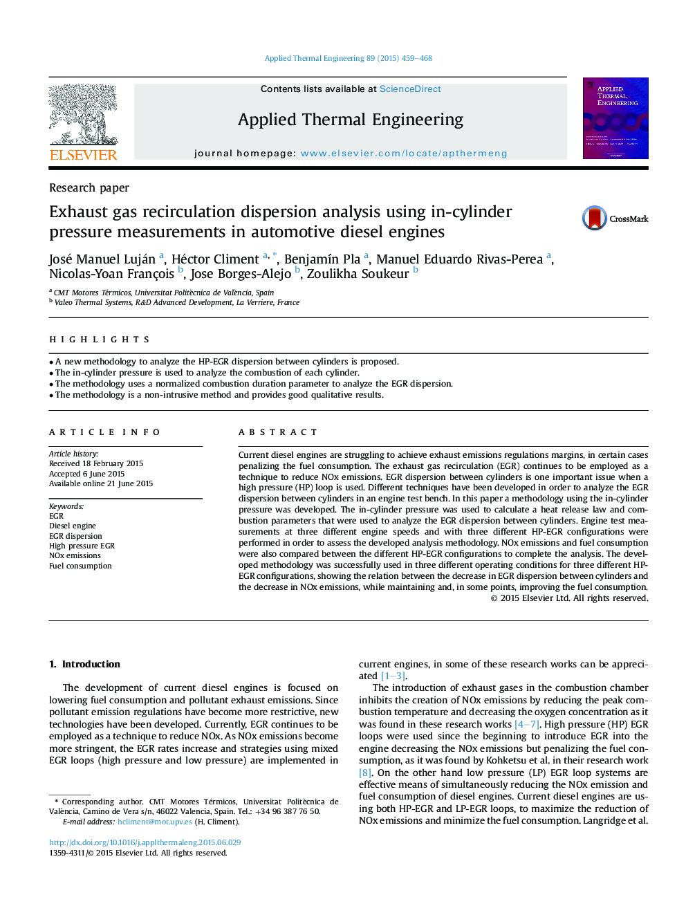 Exhaust gas recirculation dispersion analysis using in-cylinder pressure measurements in automotive diesel engines