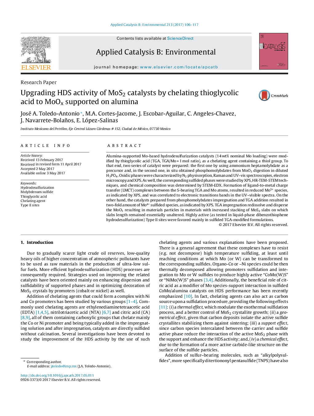 Research PaperUpgrading HDS activity of MoS2 catalysts by chelating thioglycolic acid to MoOx supported on alumina