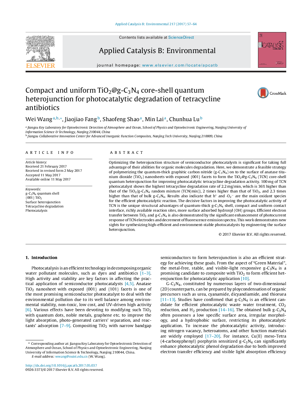 عکس صفحه اول مقاله: Compact and uniform TiO2@g-C3N4 core-shell quantum heterojunction for photocatalytic degradation of tetracycline antibiotics Compact and uniform TiO2@g-C3N4 core-shell quantum heterojunction for photocatalytic degradation of tetracycline antibiotics